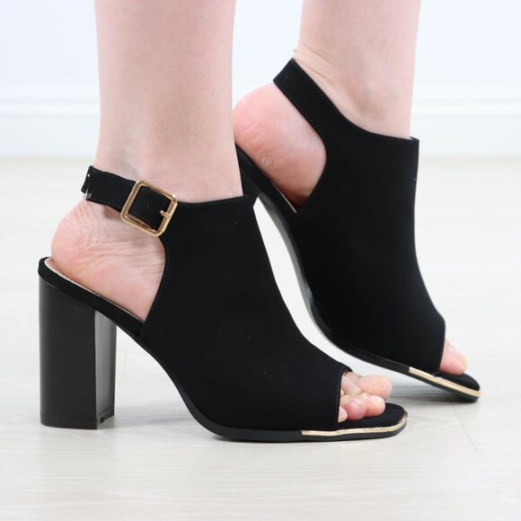 Block Heel Peep Toe Sandals Women’s Black Velvet Gold Buckle Ankle Strap - Picture 15 of 15